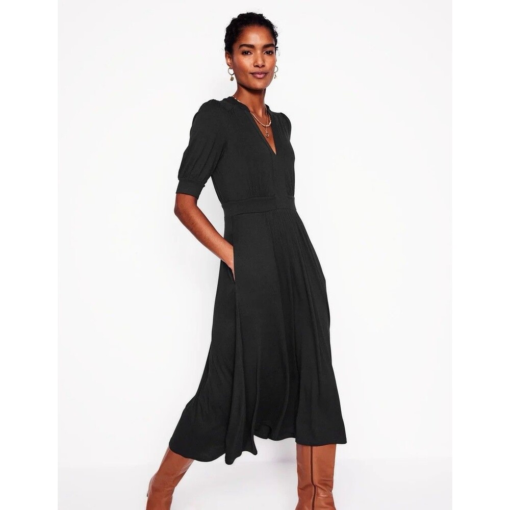 Boden Women’s Sz 6P Petite Black Lily Jersey Midi Tea Dress Pockets V-neck